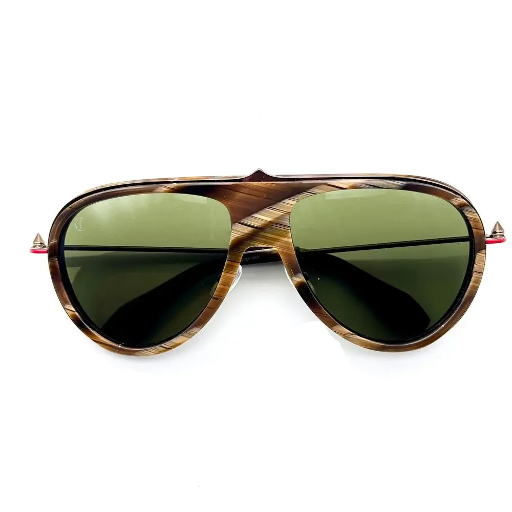Louboutin Sunglasses Greggo LB0004 62N Brown Horn Aviator Frame Green Lens 61mm